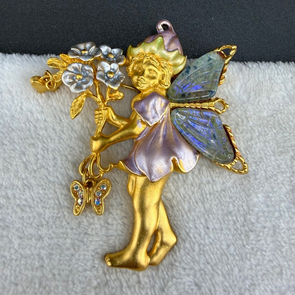 Vintage Kirks Folly Fairy Brooch Pendant‎ Gold Tone Purple Enamel Butterfly
